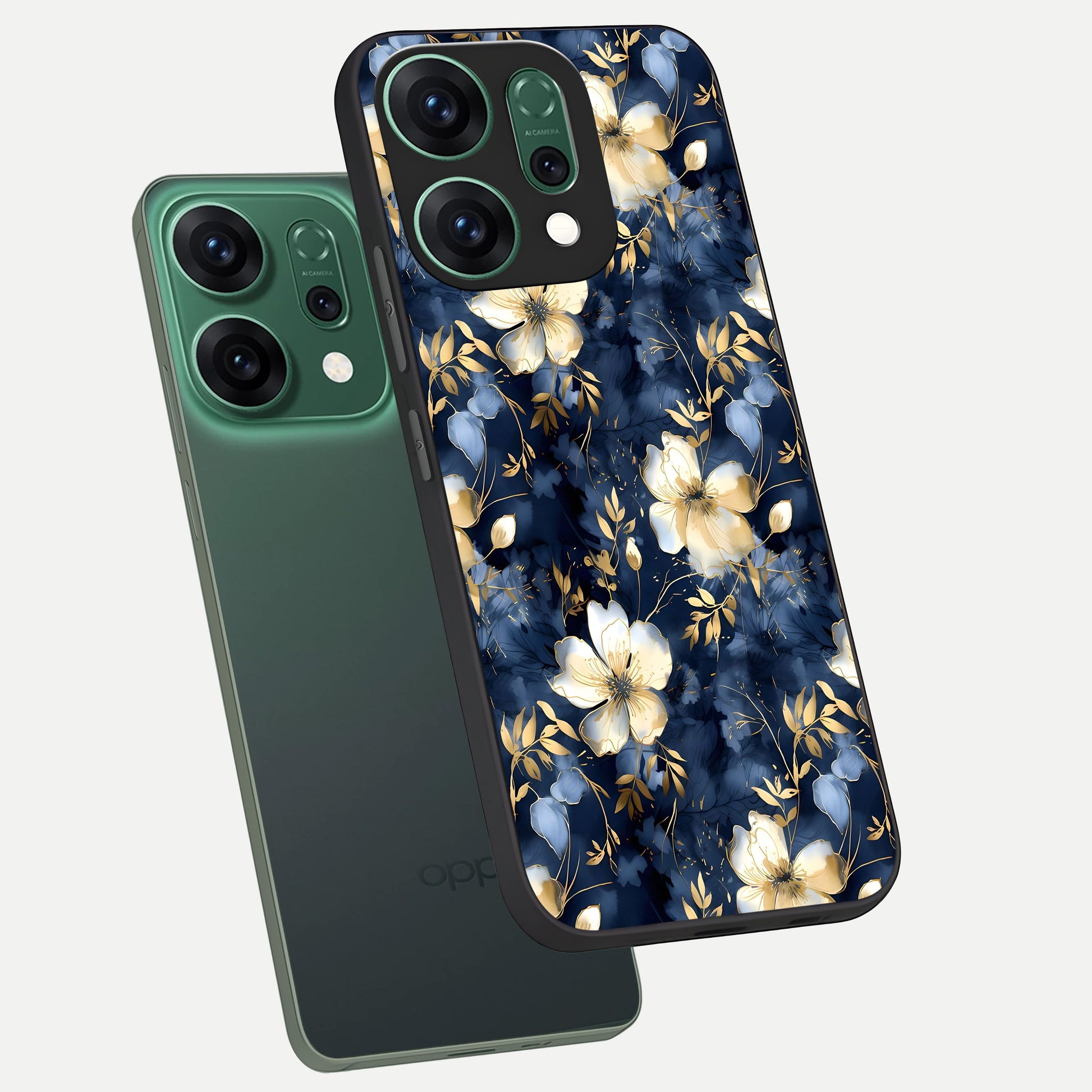  Golden Midnight Bloom phone case For Oppo Reno 14 showing premium glass back cover with detailed artwork
