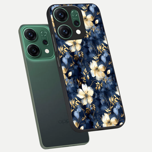  Golden Midnight Bloom phone case For Oppo Reno 14 showing premium glass back cover with detailed artwork