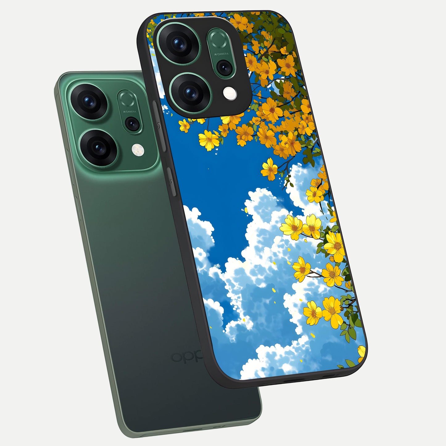  Golden Petal Sky phone case For Oppo Reno 14 showing premium glass back cover with detailed artwork