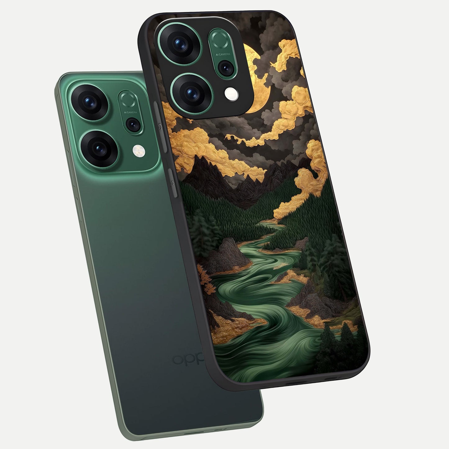  Golden River Moon phone case For Oppo Reno 14 showing premium glass back cover with detailed artwork