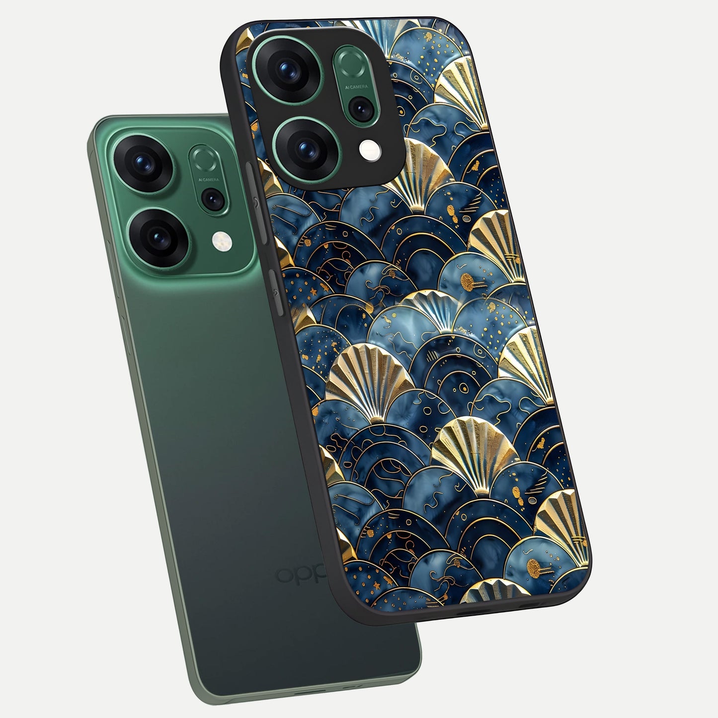  Golden Wave Luxe phone case For Oppo Reno 14 showing premium glass back cover with detailed artwork