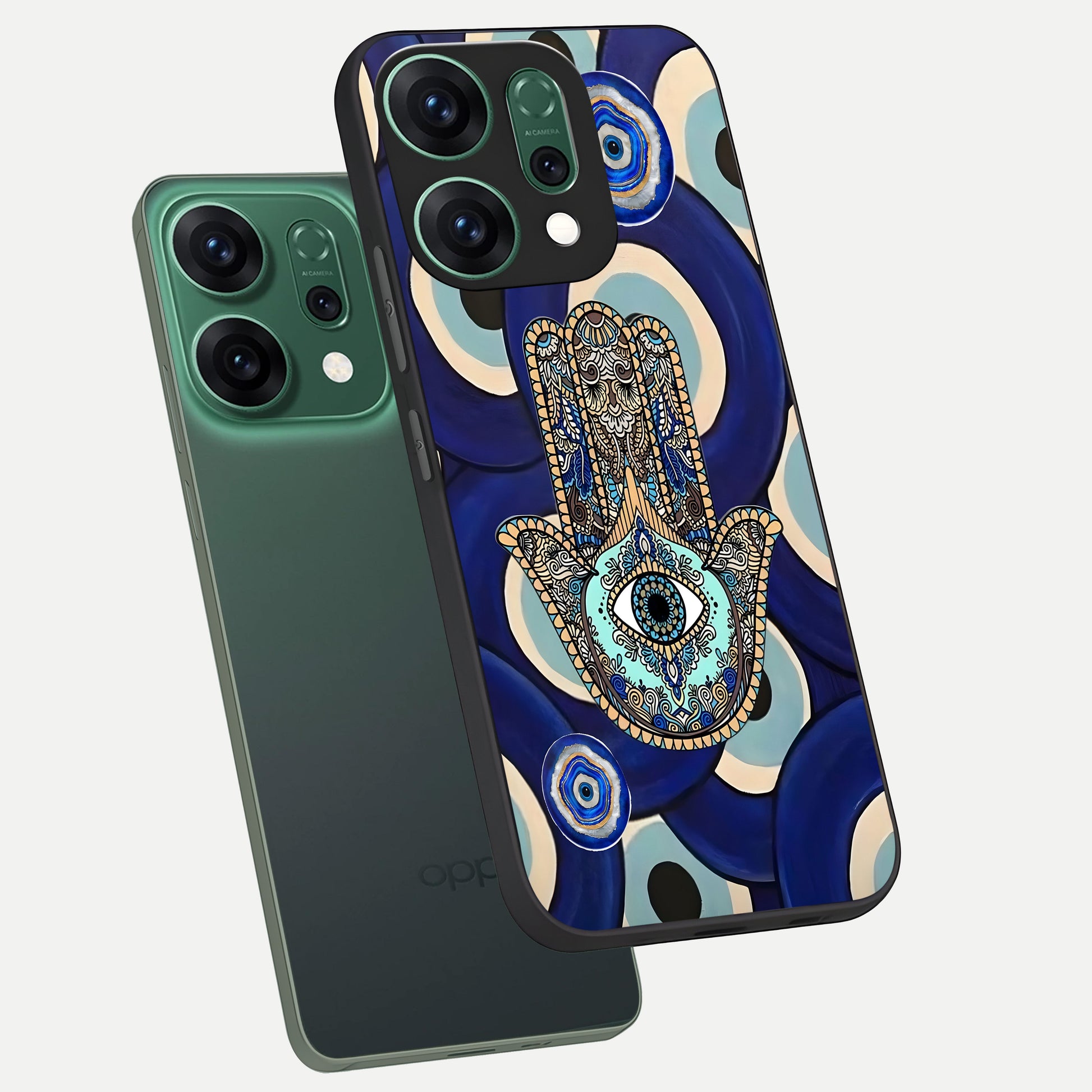  Hamsa Divine Guard phone case For Oppo Reno 14 showing premium glass back cover with detailed artwork