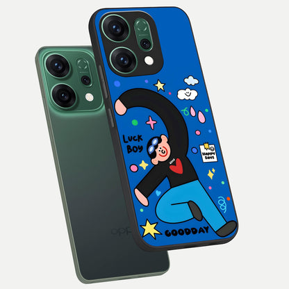  Happy Luck Vibe phone case For Oppo Reno 14 showing premium glass back cover with detailed artwork