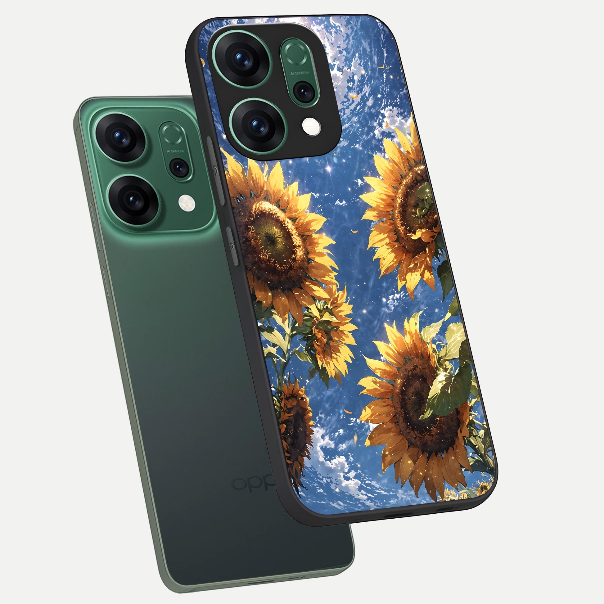  Heavenly Sunflower Rise phone case For Oppo Reno 14 showing premium glass back cover with detailed artwork