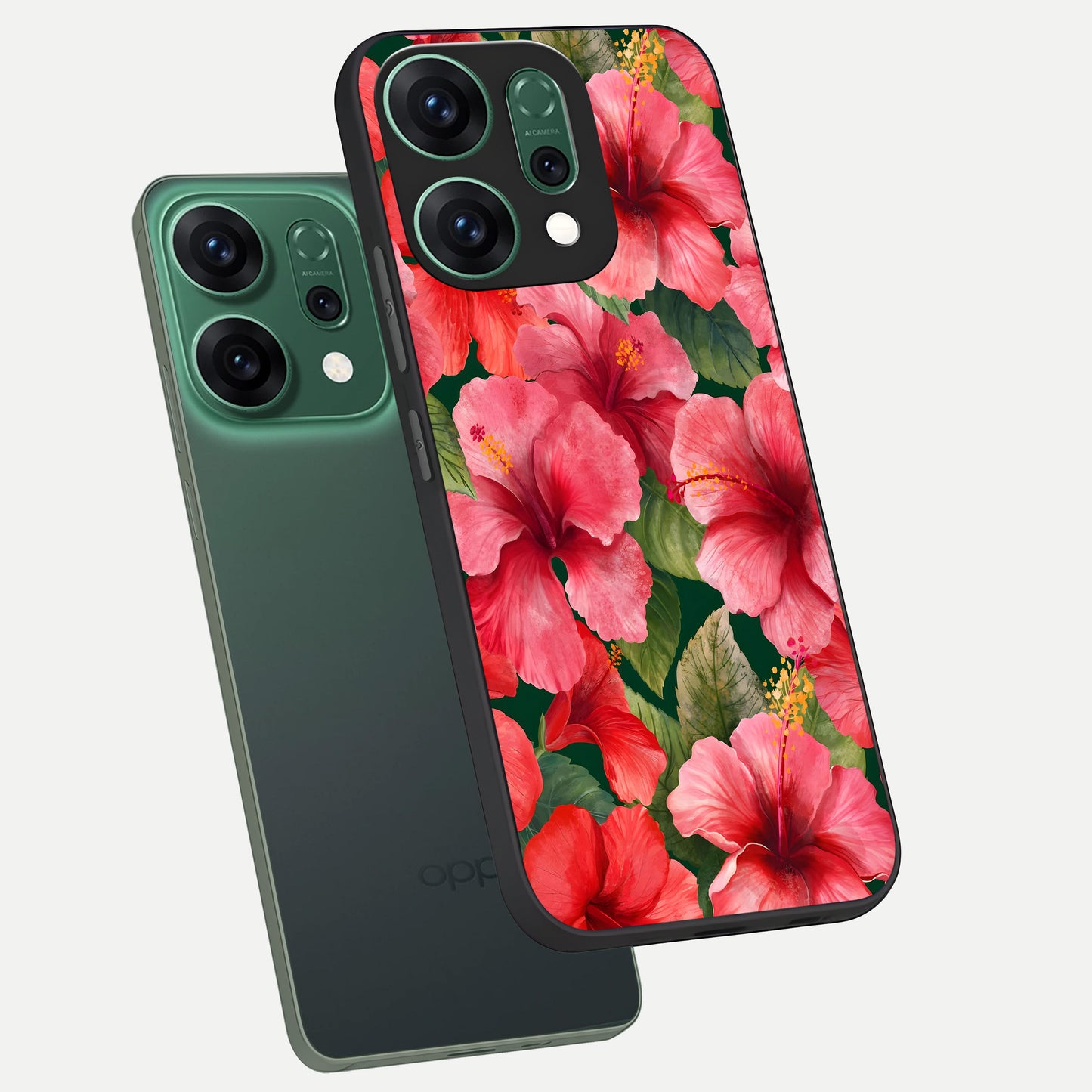  Hibiscus Pattern phone case For Oppo Reno 14 showing premium glass back cover with detailed artwork