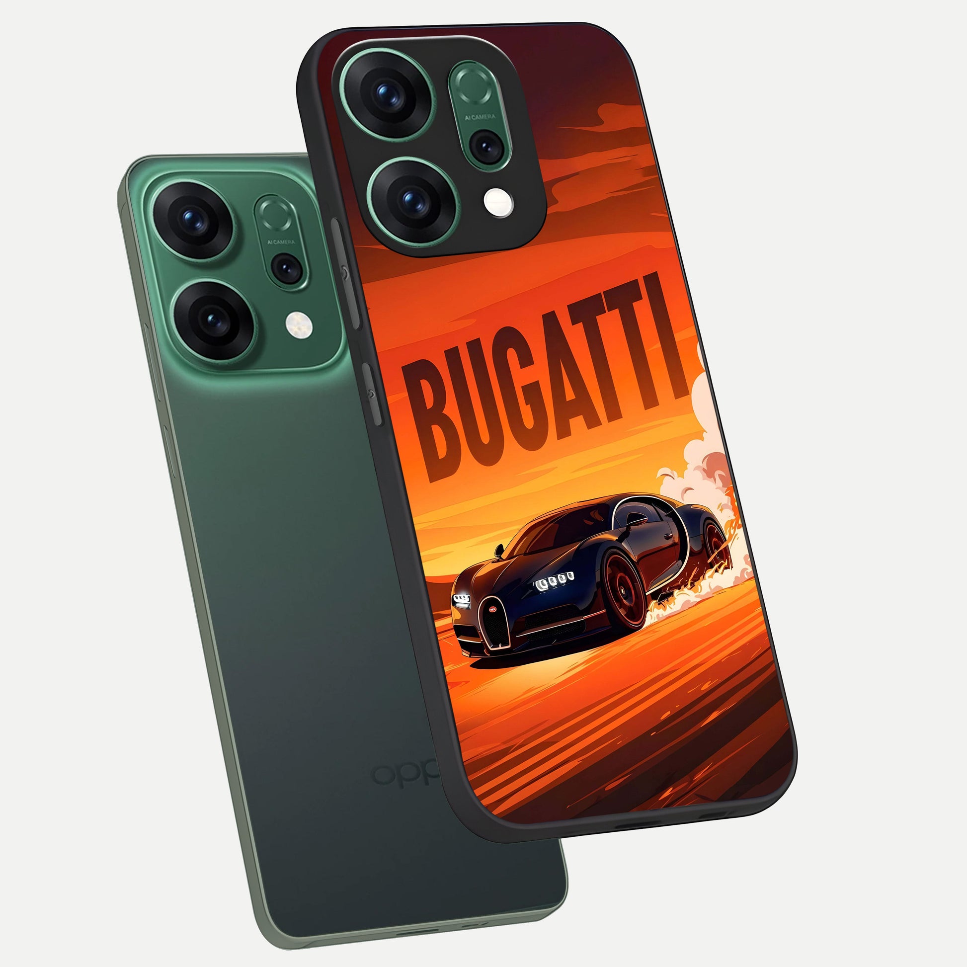  Inferno Bugatti Storm phone case For Oppo Reno 14 showing premium glass back cover with detailed artwork