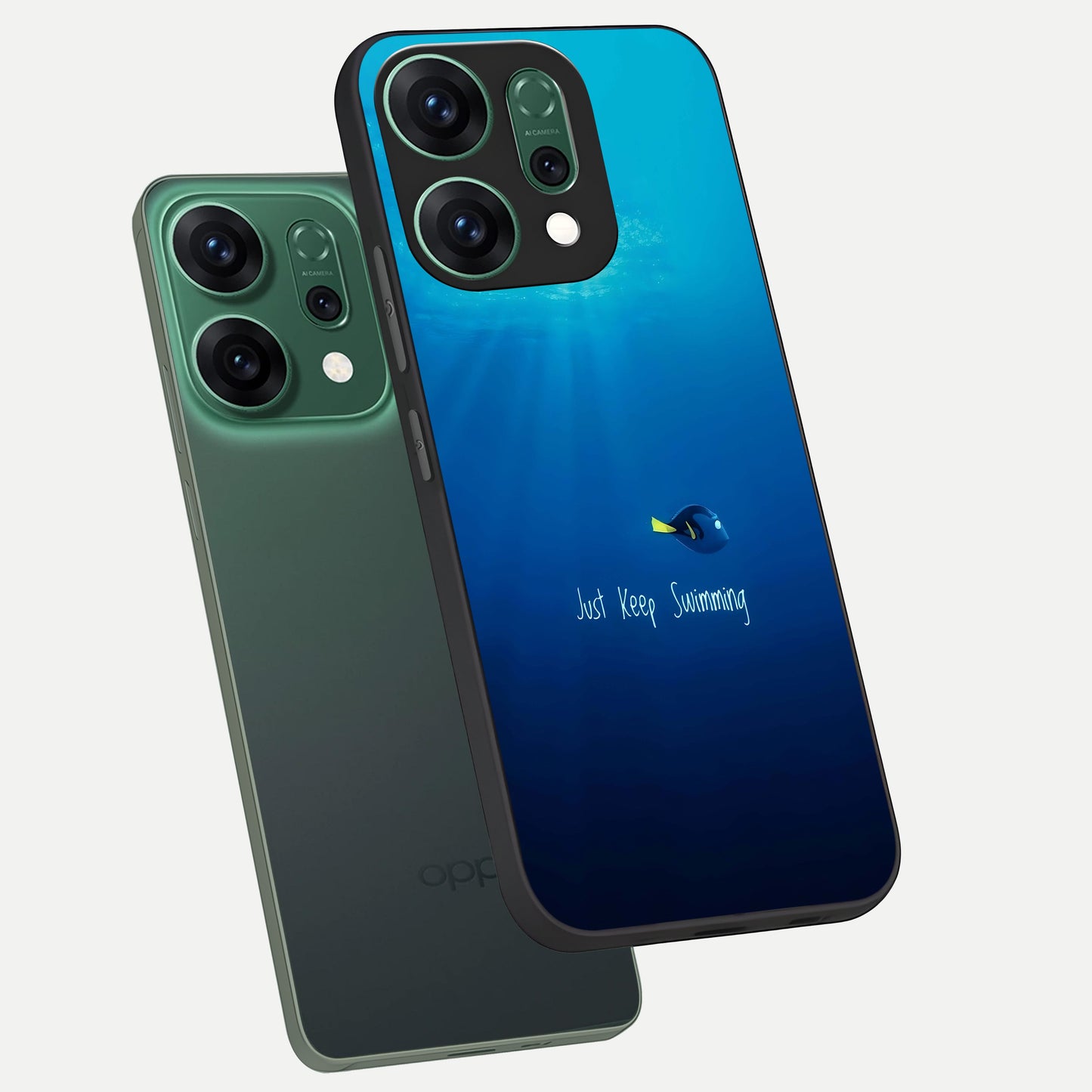 Just Keep Swimming phone case For Oppo Reno 14 showing premium glass back cover with detailed artwork