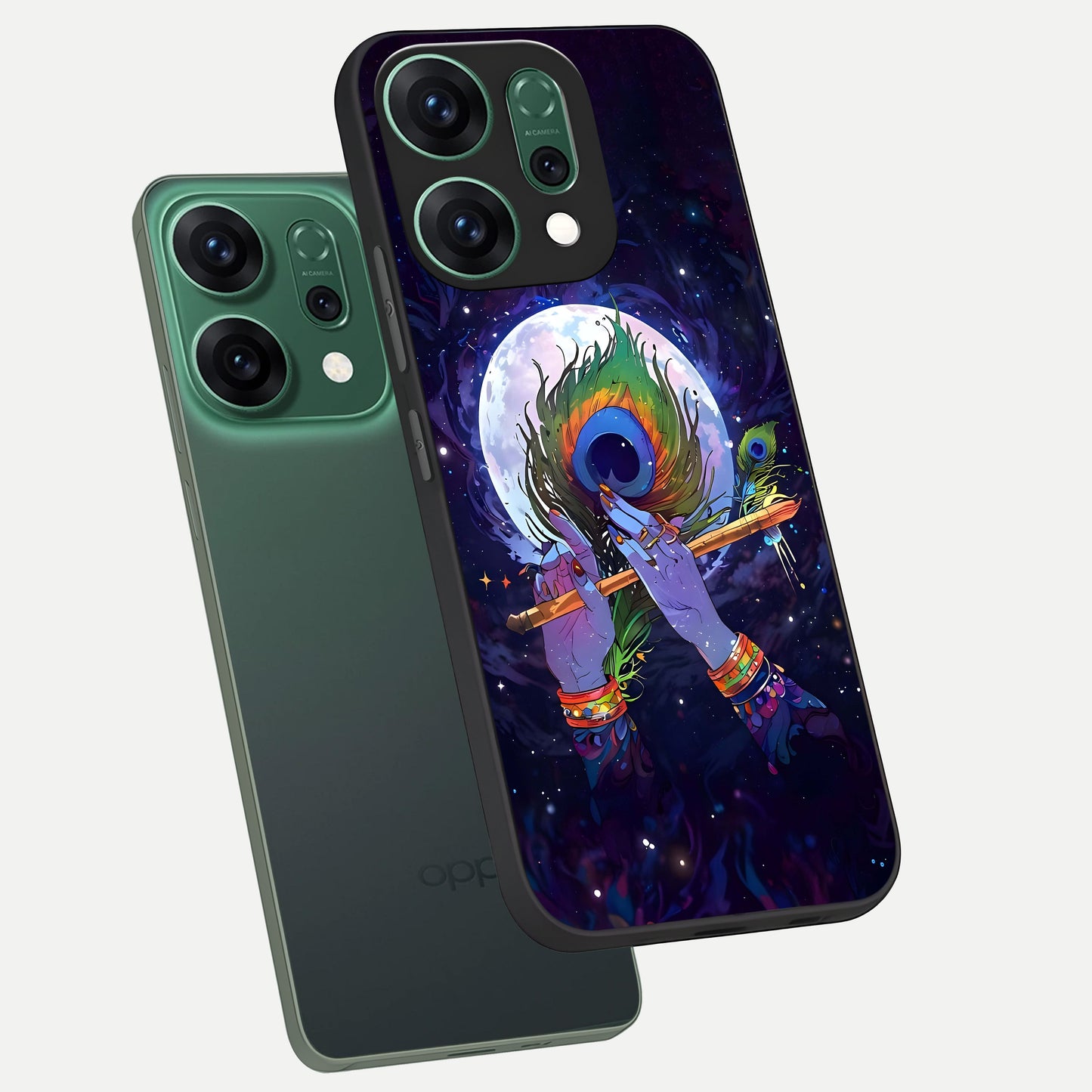  Krishna Hands Art phone case For Oppo Reno 14 showing premium glass back cover with detailed artwork