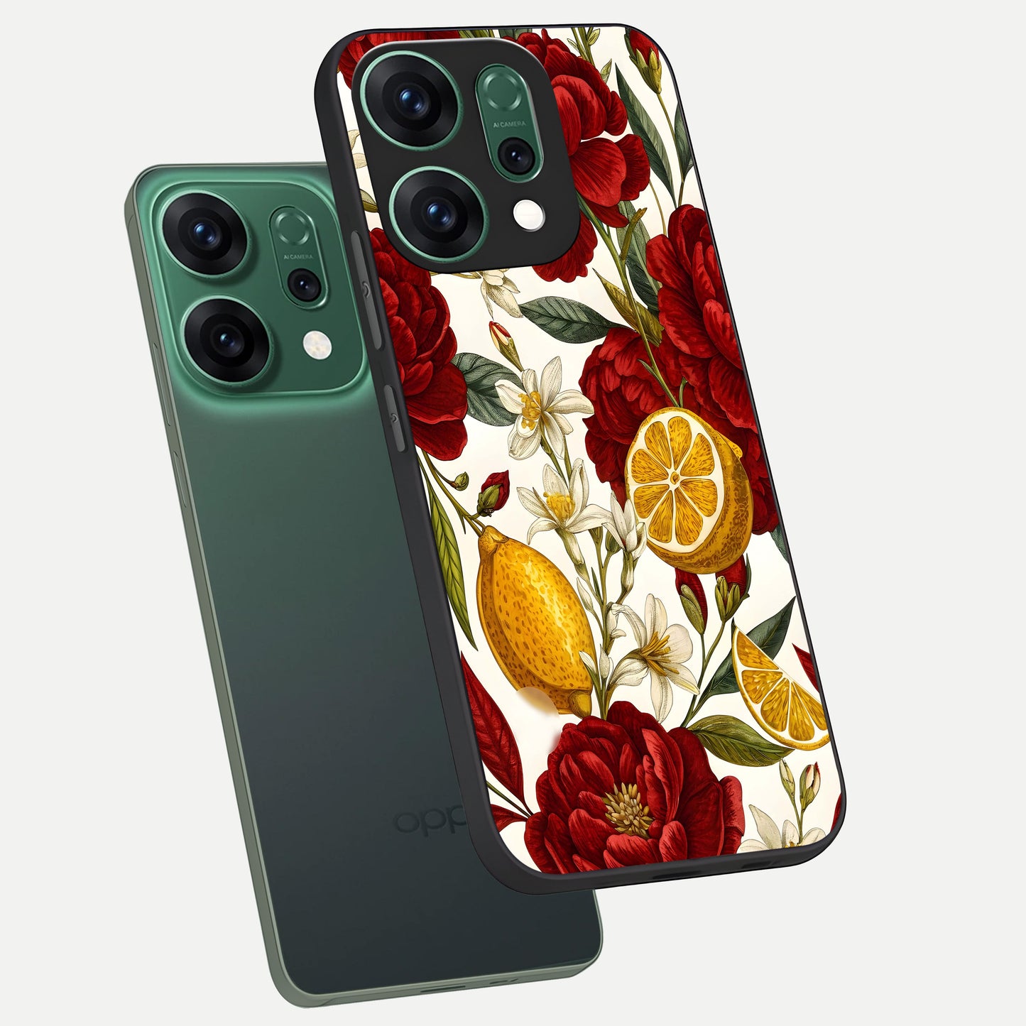  Lemon Rose Charm phone case For Oppo Reno 14 showing premium glass back cover with detailed artwork