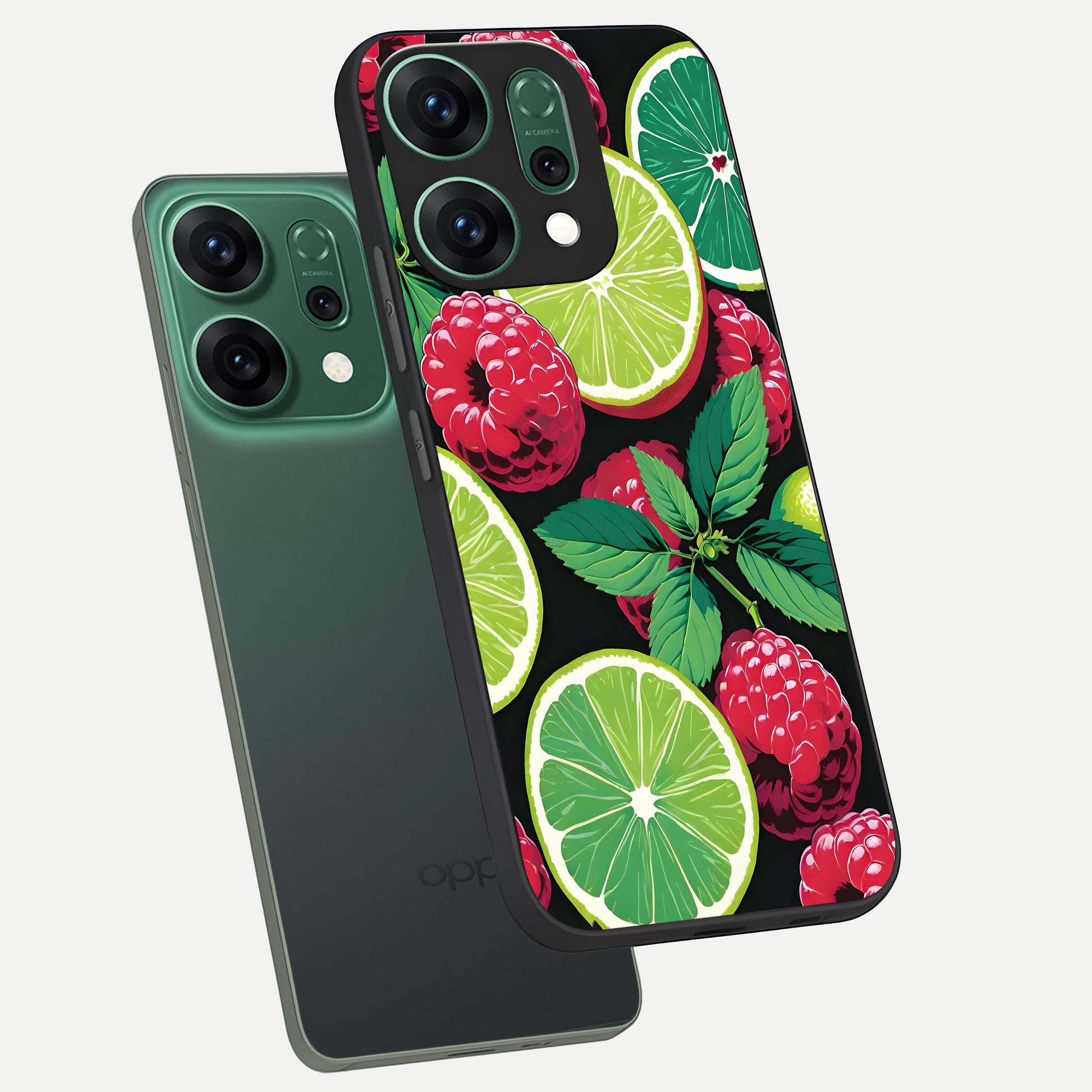  Lime and Raspberry Pattern phone case For Oppo Reno 14 showing premium glass back cover with detailed artwork