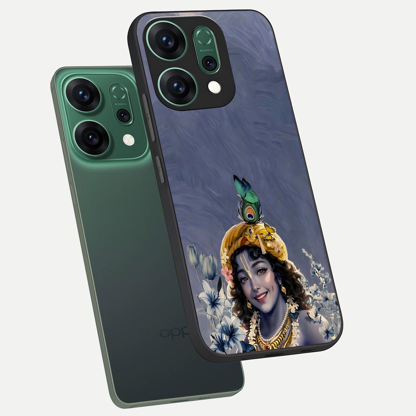  Lord Krishna phone case For Oppo Reno 14 showing premium glass back cover with detailed artwork