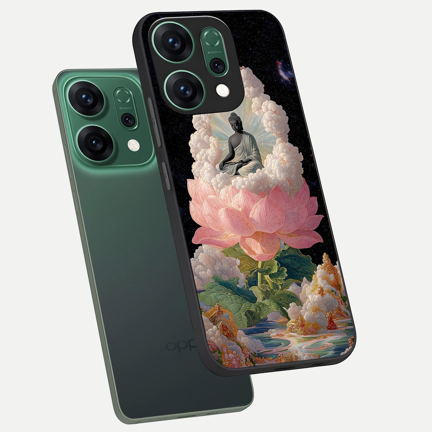  Lotus Divine Peace phone case For Oppo Reno 14 showing premium glass back cover with detailed artwork