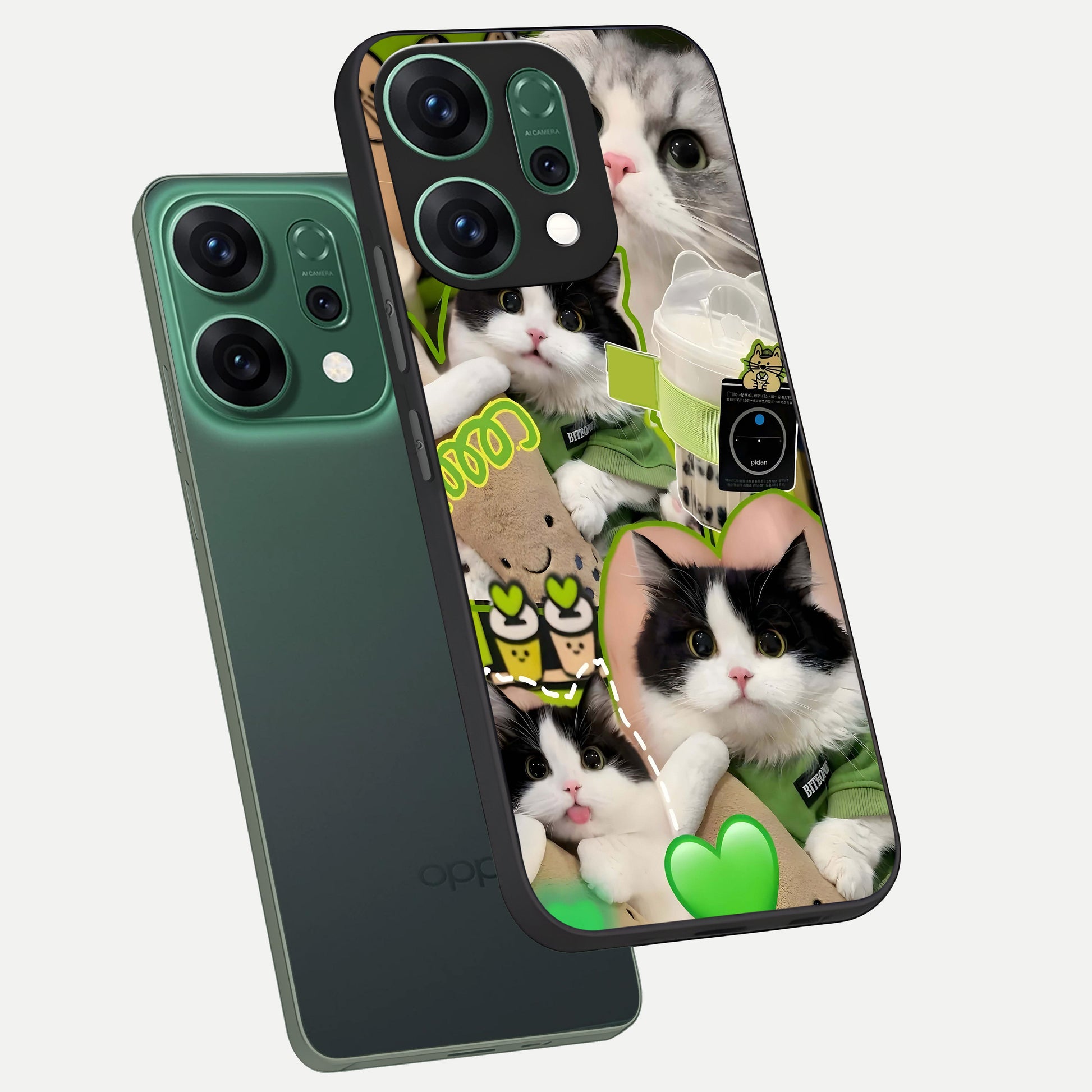  Matcha Cats Mood phone case For Oppo Reno 14 showing premium glass back cover with detailed artwork