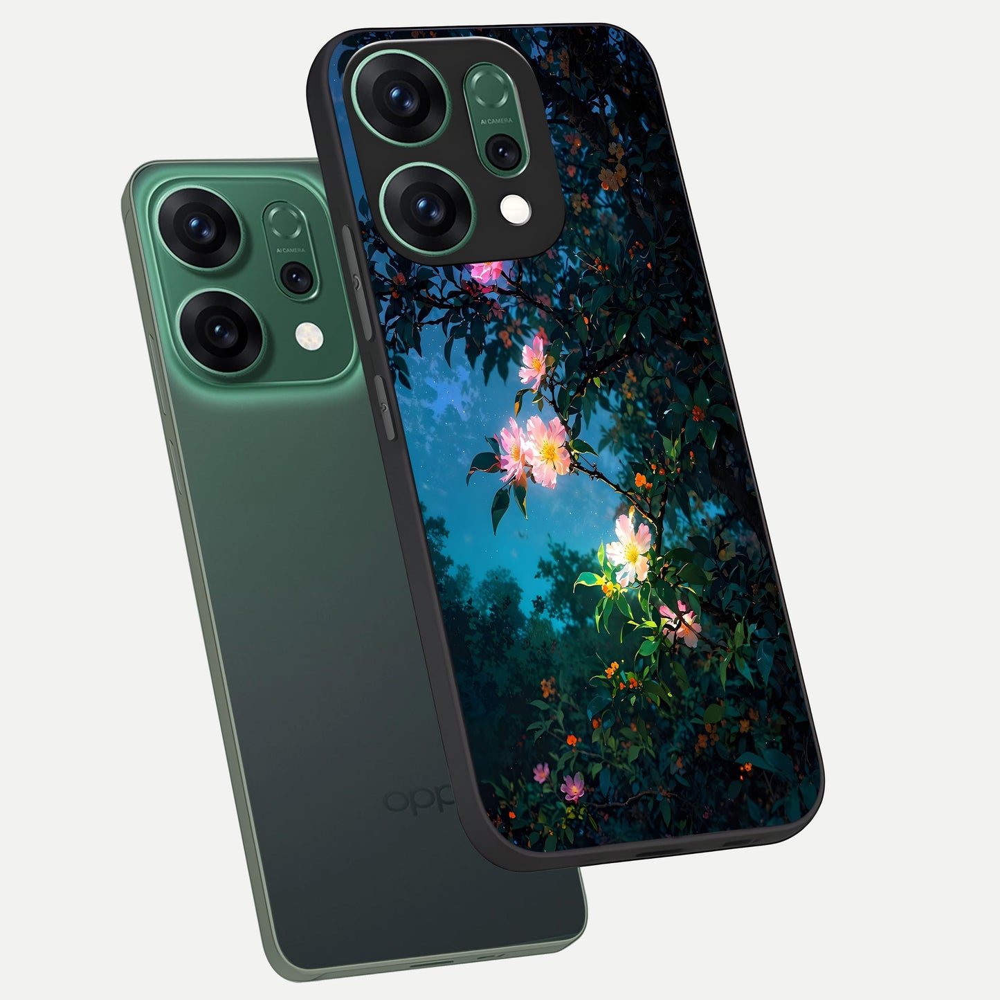  Midnight Bloom Glow phone case For Oppo Reno 14 showing premium glass back cover with detailed artwork
