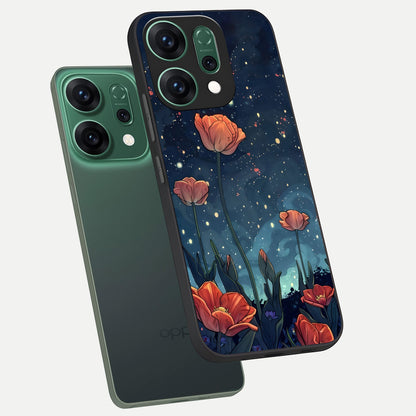  Midnight Tulip Glow phone case For Oppo Reno 14 showing premium glass back cover with detailed artwork