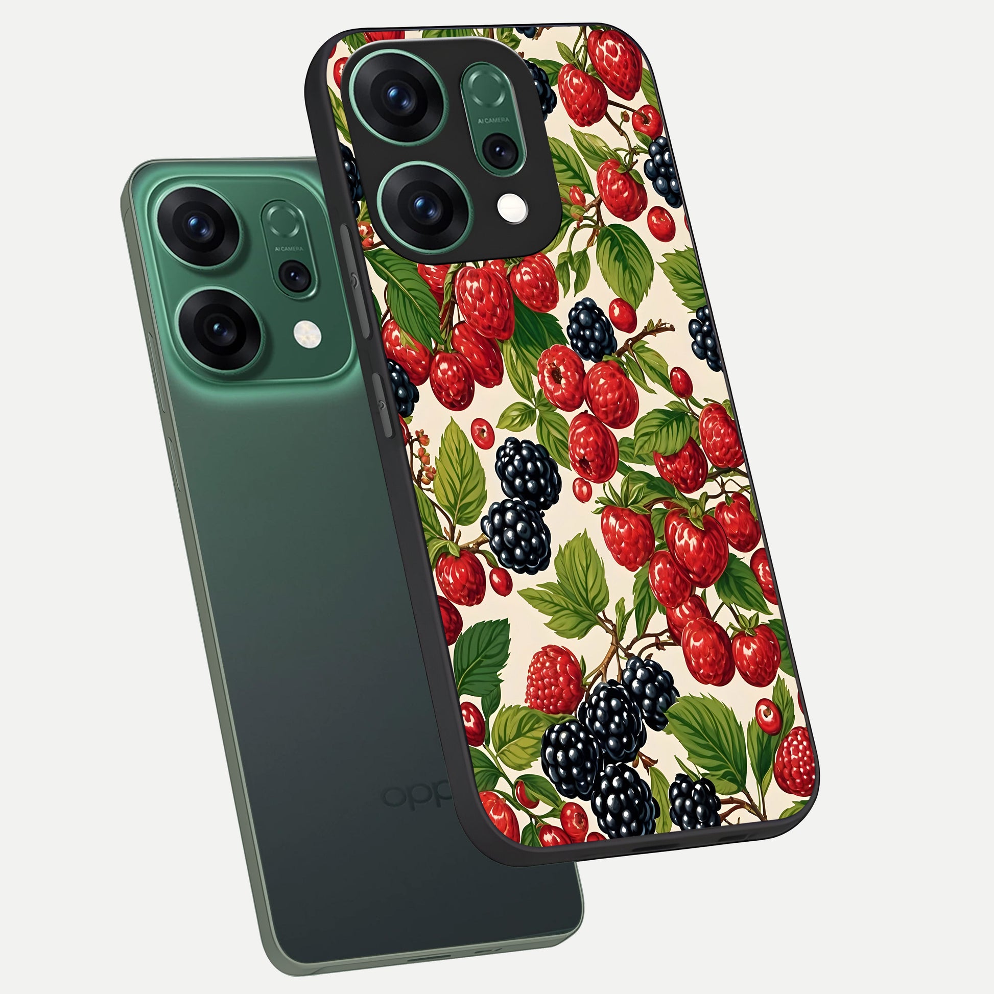  Mixed Berry Collage phone case For Oppo Reno 14 showing premium glass back cover with detailed artwork