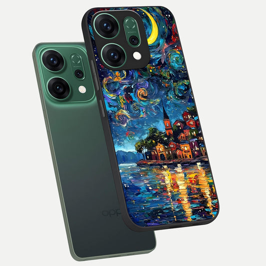  Moonlight Harbor Glow phone case For Oppo Reno 14 showing premium glass back cover with detailed artwork