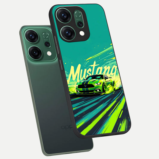  Mustang Bang phone case For Oppo Reno 14 showing premium glass back cover with detailed artwork