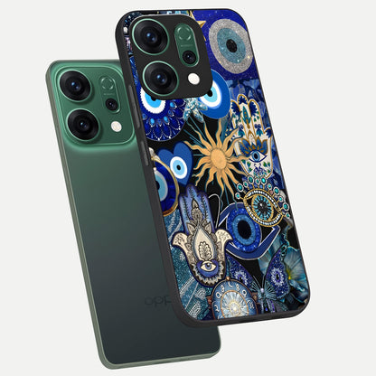  Mystic Blue Evil Eye phone case For Oppo Reno 14 showing premium glass back cover with detailed artwork