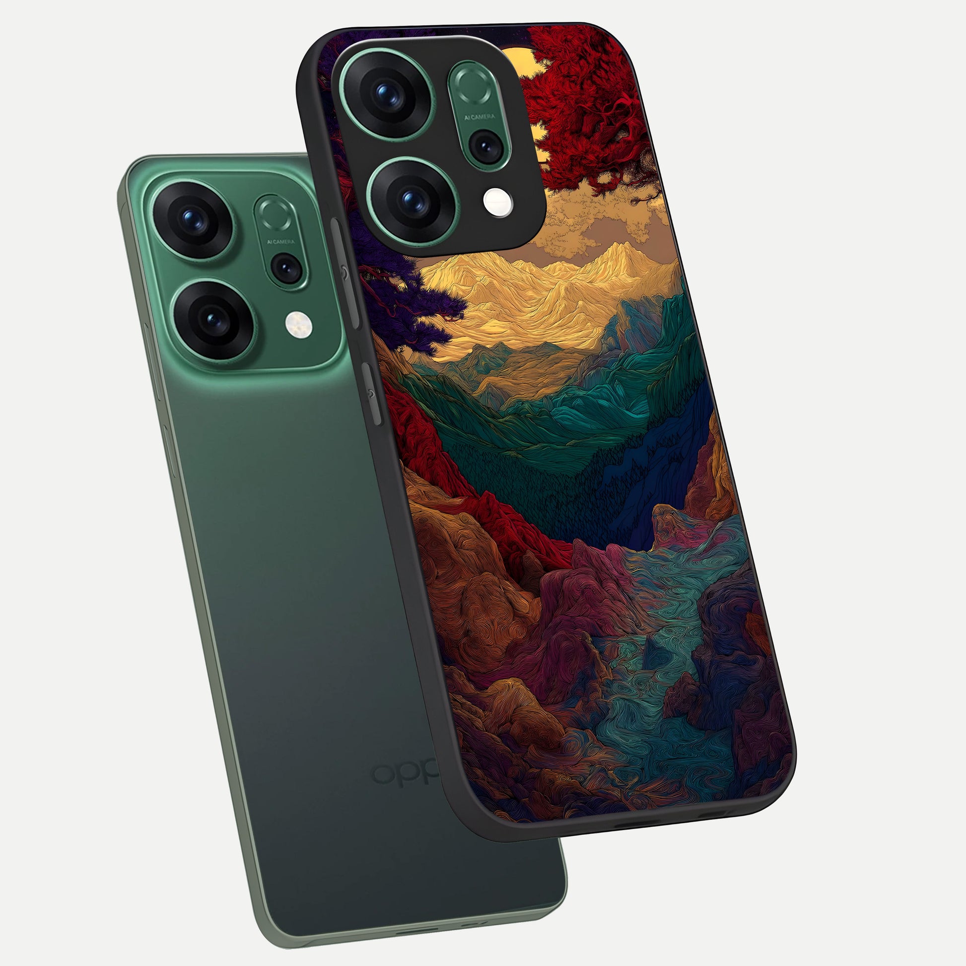  Mystic Valley Light phone case For Oppo Reno 14 showing premium glass back cover with detailed artwork