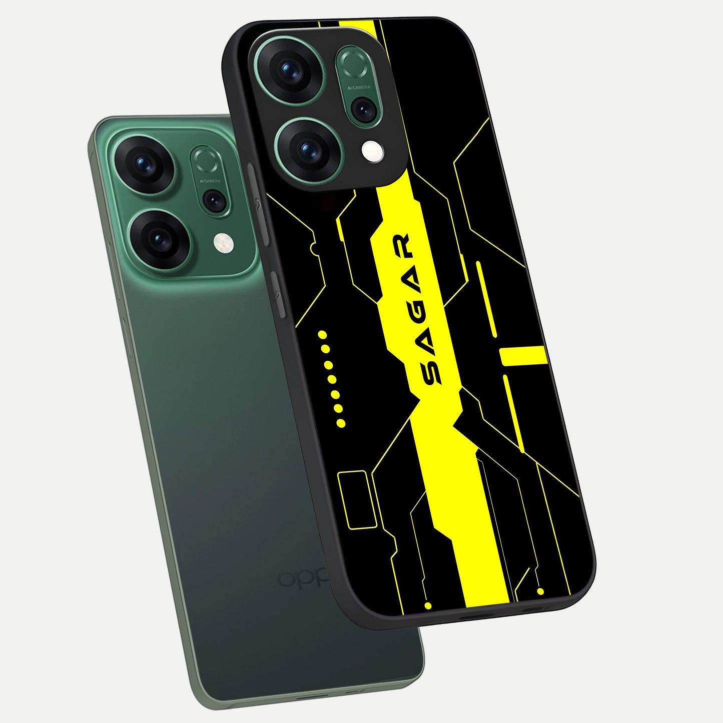  Neon CYBERPUNK Custom Name phone case For Oppo Reno 14 showing premium glass back cover with detailed artwork
