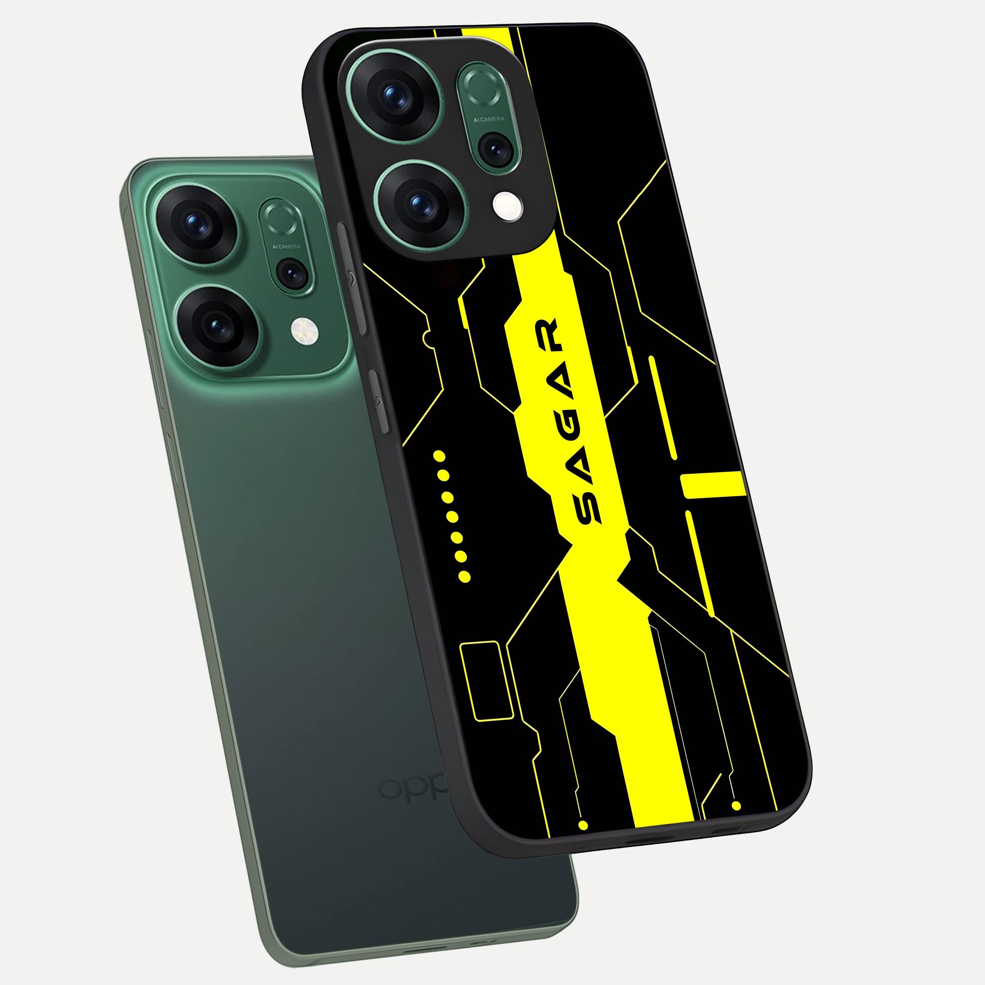  Neon CYBERPUNK Custom Name phone case For Oppo Reno 14 showing premium glass back cover with detailed artwork