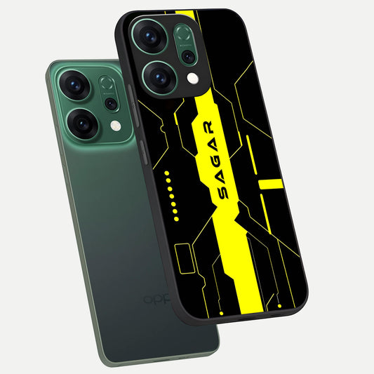  Neon CYBERPUNK Custom Name phone case For Oppo Reno 14 showing premium glass back cover with detailed artwork