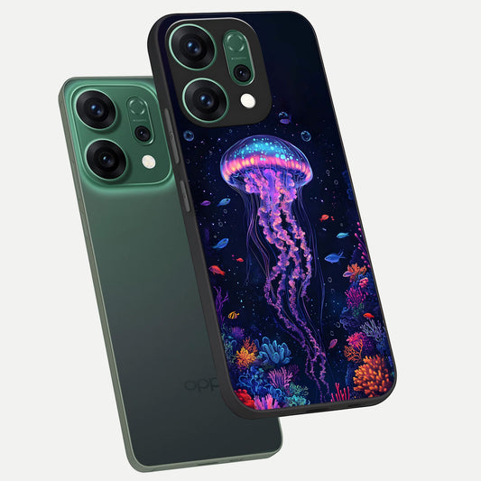  Neon Jellyfish phone case For Oppo Reno 14 showing premium glass back cover with detailed artwork