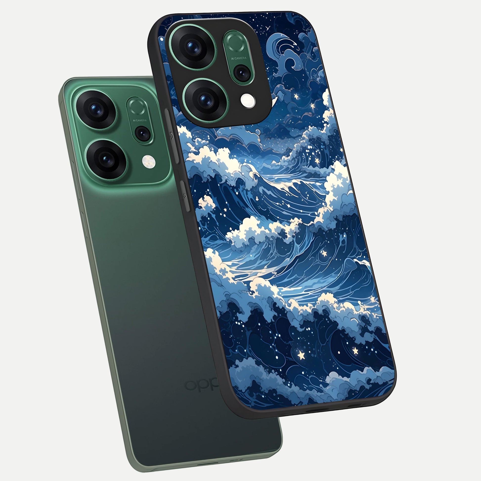  Ocean Moon Waves phone case For Oppo Reno 14 showing premium glass back cover with detailed artwork