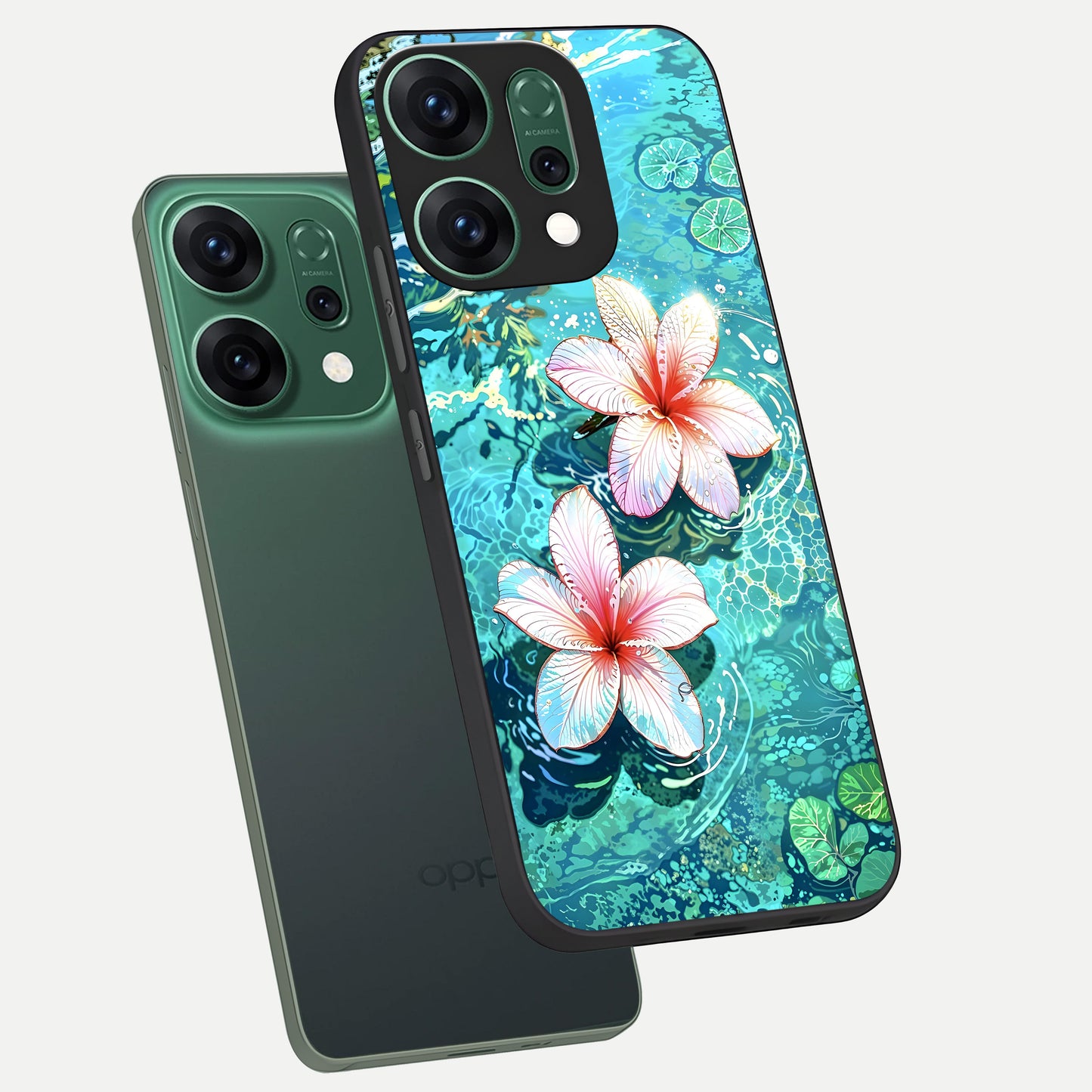  Pink Flowers in Water phone case For Oppo Reno 14 showing premium glass back cover with detailed artwork