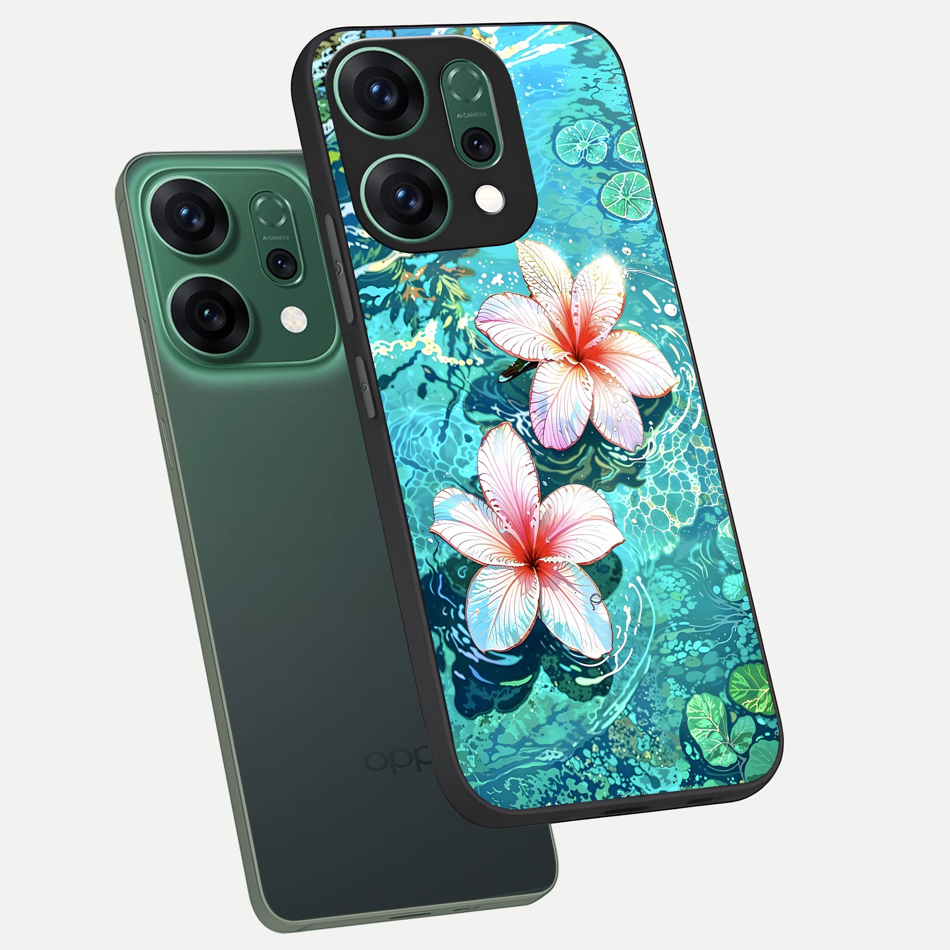  Pink Flowers in Water phone case For Oppo Reno 14 showing premium glass back cover with detailed artwork