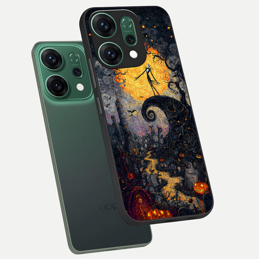  Pumpkin Moon Night phone case For Oppo Reno 14 showing premium glass back cover with detailed artwork