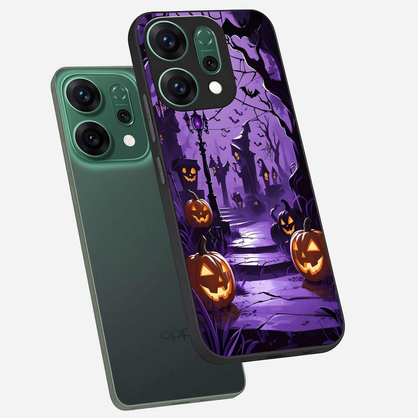  Pumpkin Patch Halloween phone case For Oppo Reno 14 showing premium glass back cover with detailed artwork