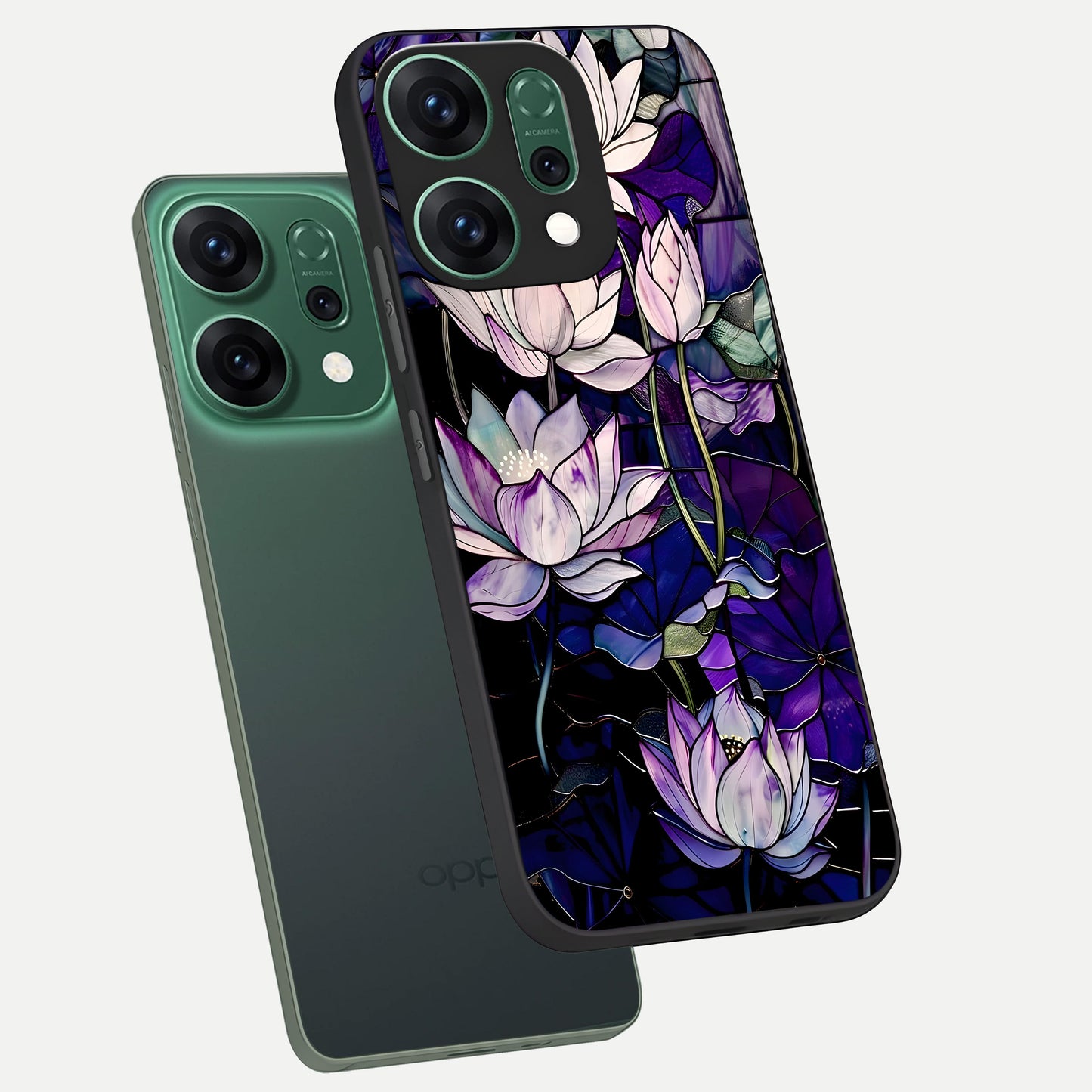  Purple Lotus Pattern phone case For Oppo Reno 14 showing premium glass back cover with detailed artwork