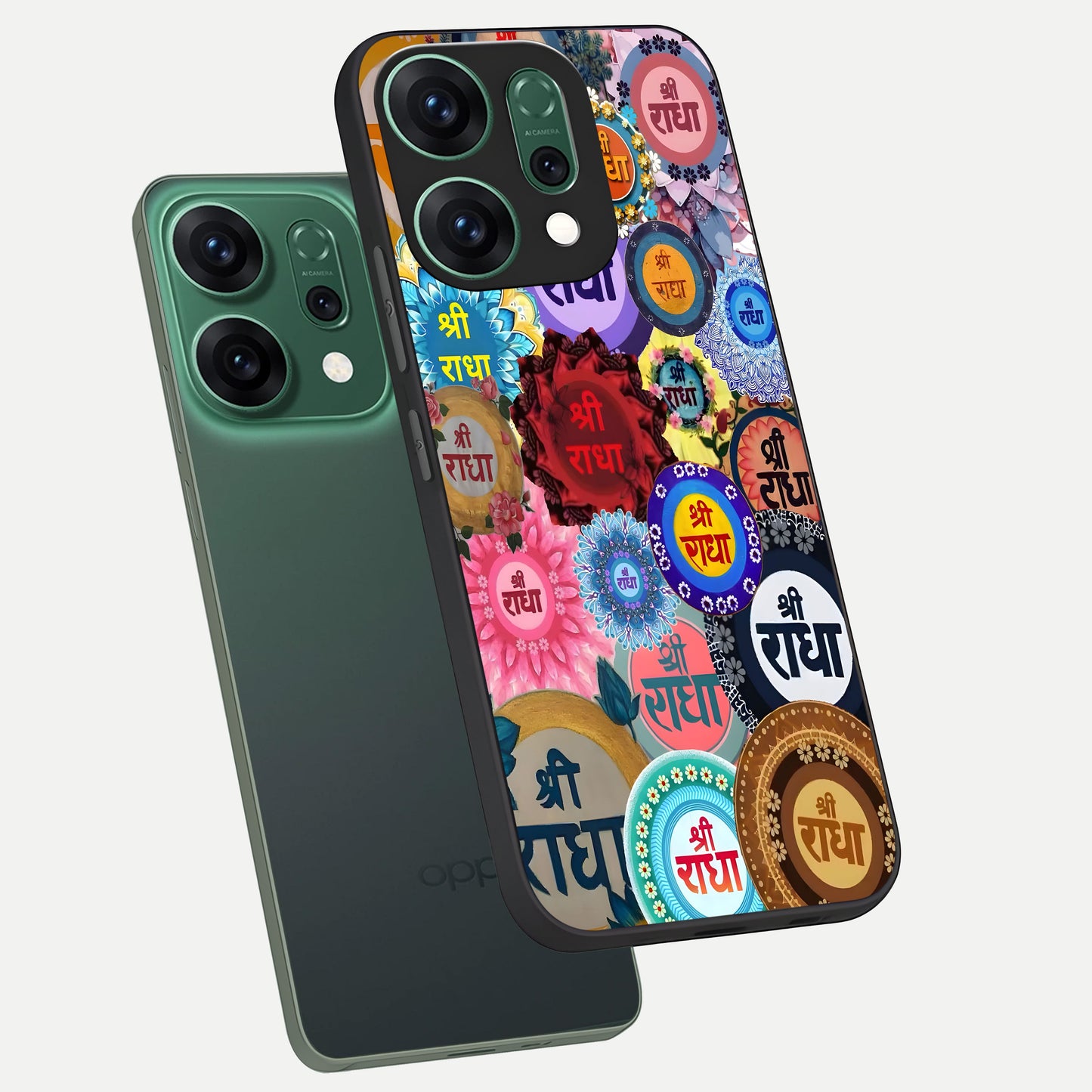  Radha Divine Bloom phone case For Oppo Reno 14 showing premium glass back cover with detailed artwork