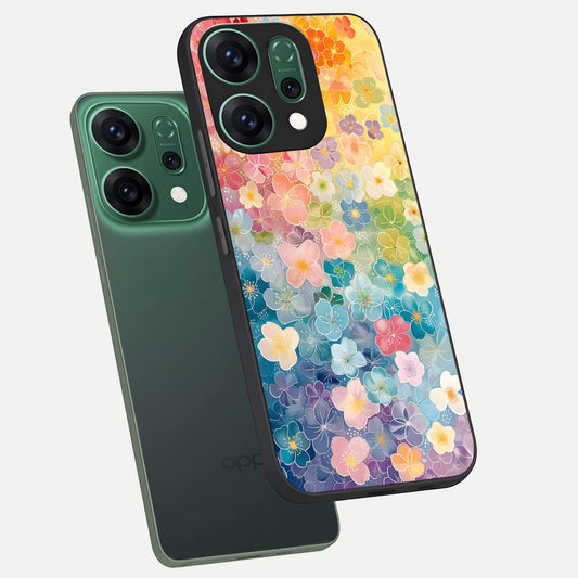  Rainbow Blossom Burst phone case For Oppo Reno 14 showing premium glass back cover with detailed artwork