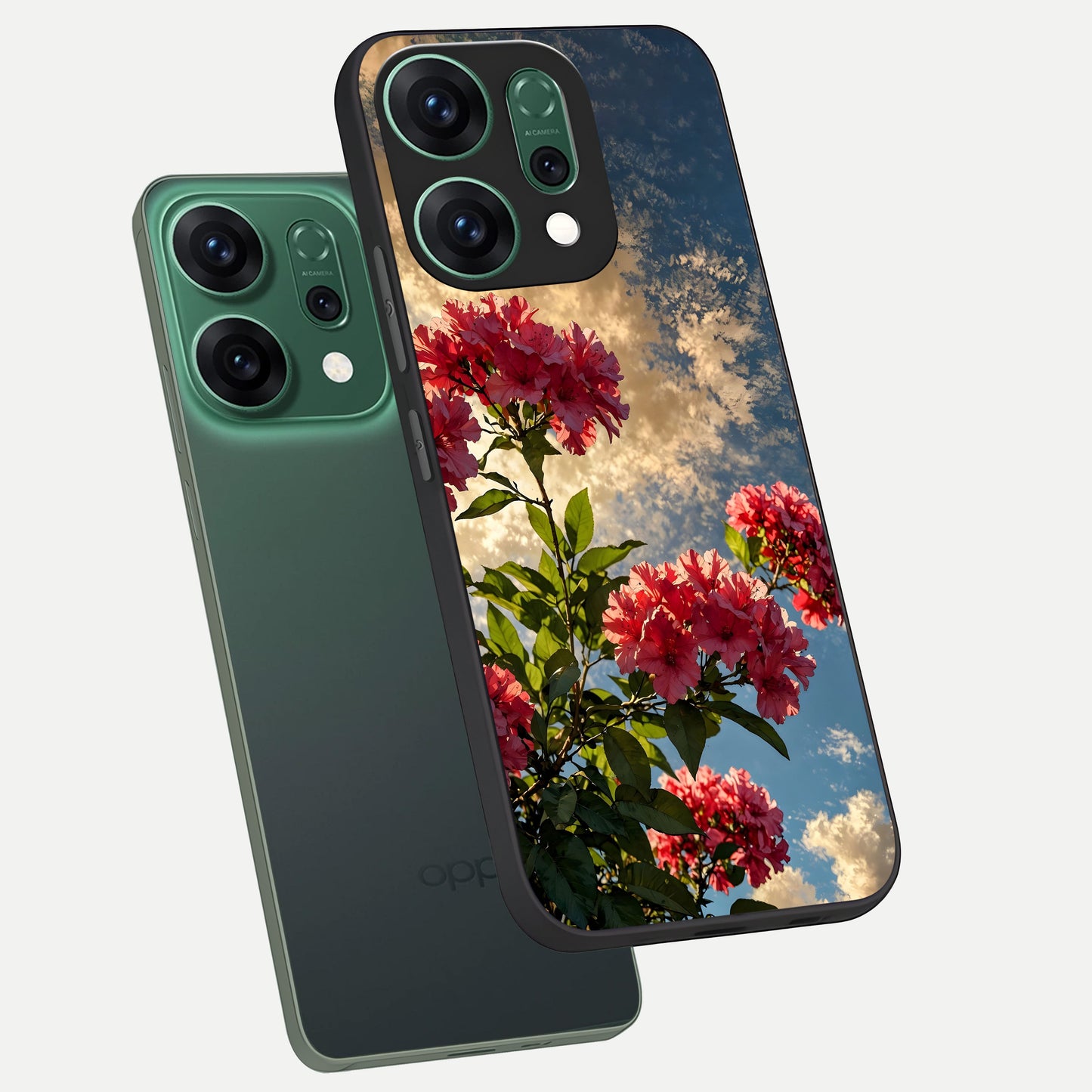 Red Bloom Skies phone case For Oppo Reno 14 showing premium glass back cover with detailed artwork