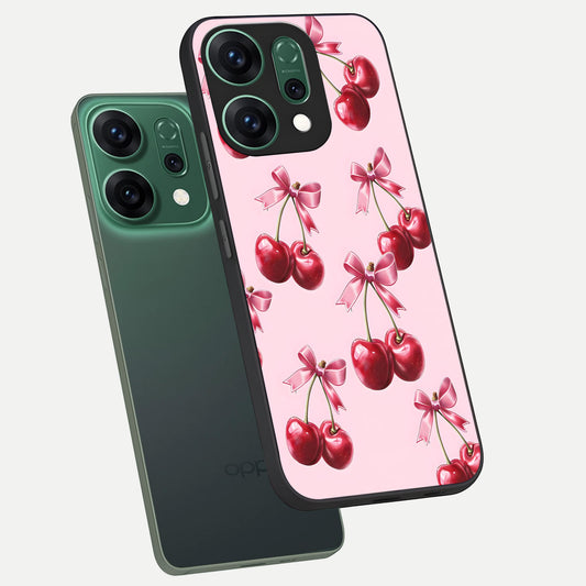  Red Cherries Pattern phone case For Oppo Reno 14 showing premium glass back cover with detailed artwork