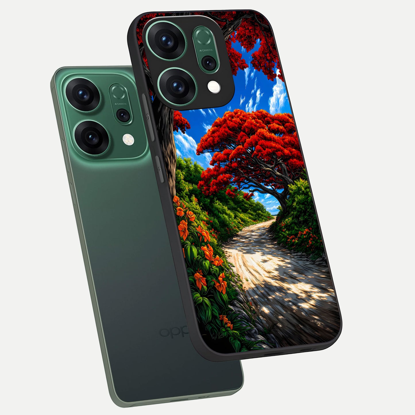 Red Trees Pathway phone case For Oppo Reno 14 showing premium glass back cover with detailed artwork