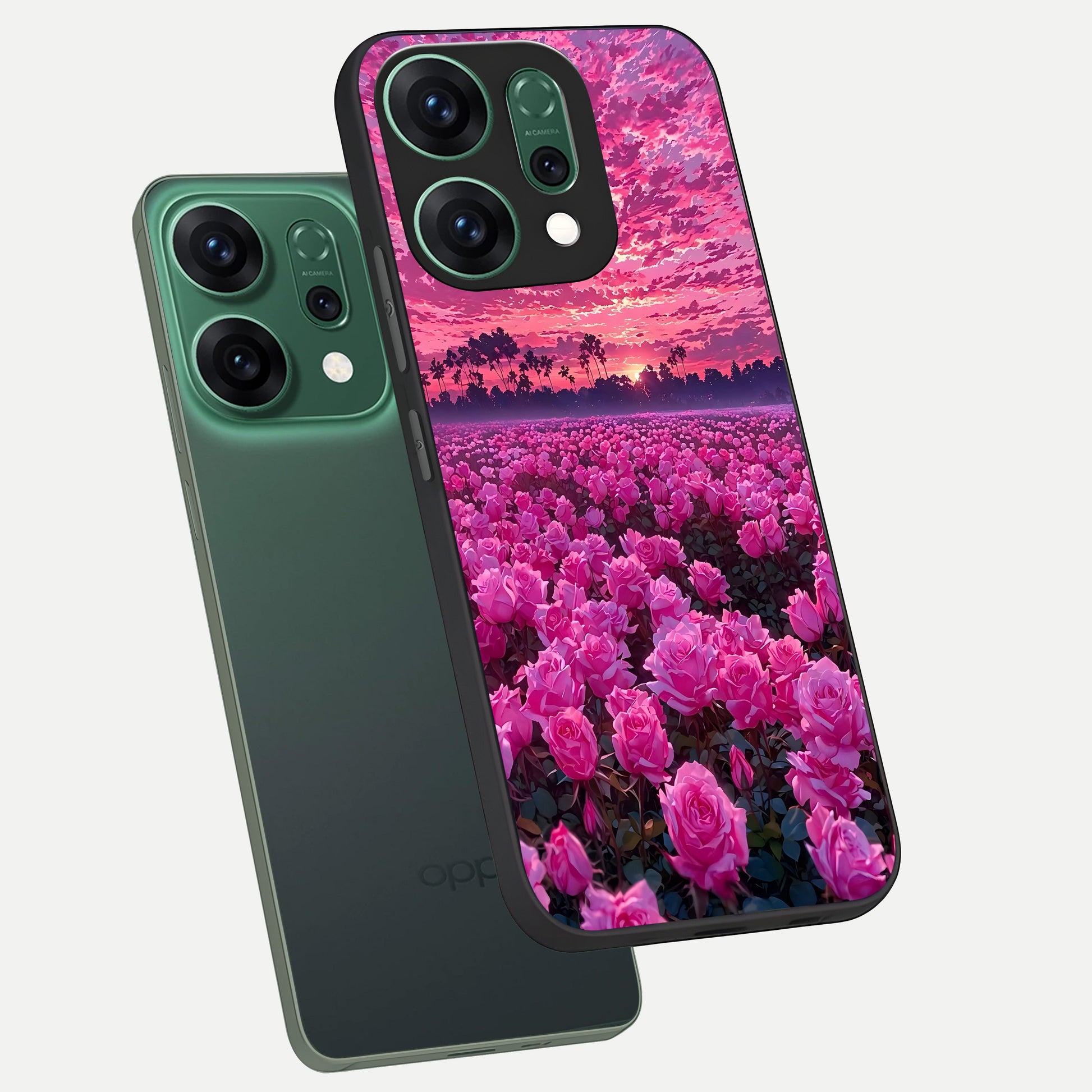  Rose Sunset Valley phone case For Oppo Reno 14 showing premium glass back cover with detailed artwork