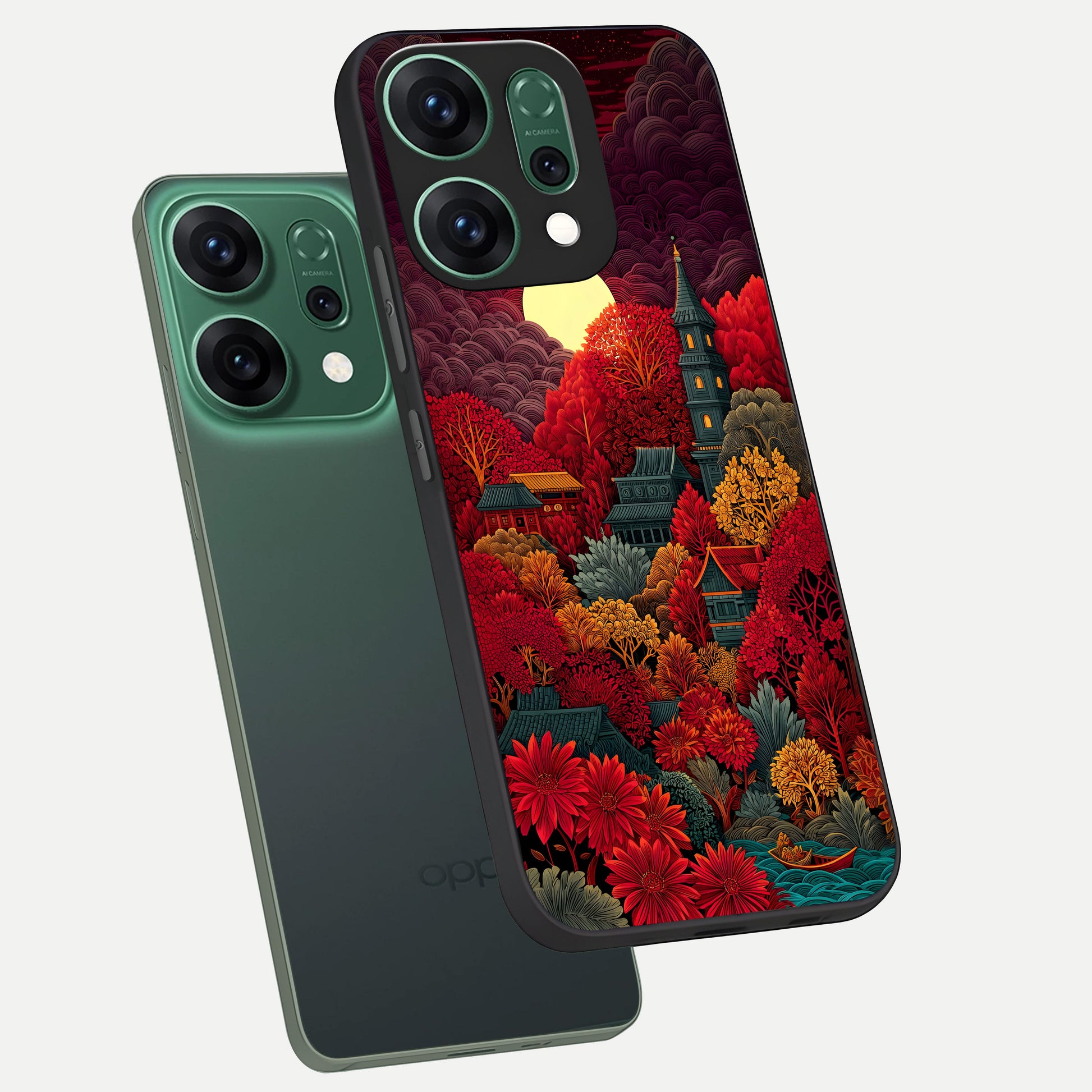  Scarlet Autumn Temple phone case For Oppo Reno 14 showing premium glass back cover with detailed artwork