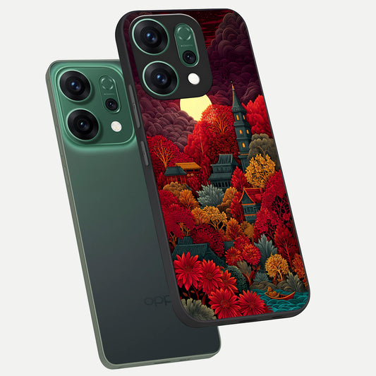  Scarlet Autumn Temple phone case For Oppo Reno 14 showing premium glass back cover with detailed artwork