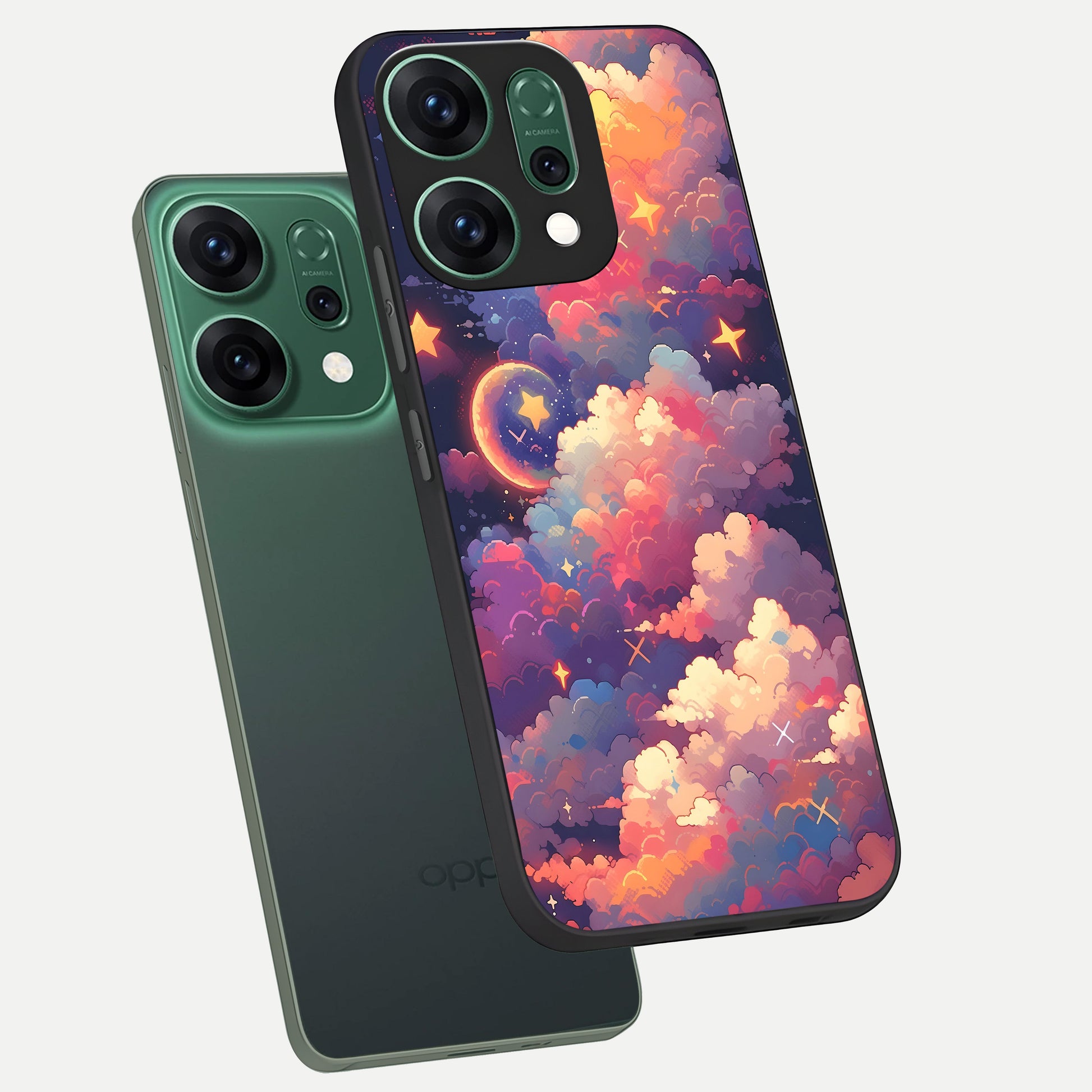  Starlit Dream Clouds phone case For Oppo Reno 14 showing premium glass back cover with detailed artwork