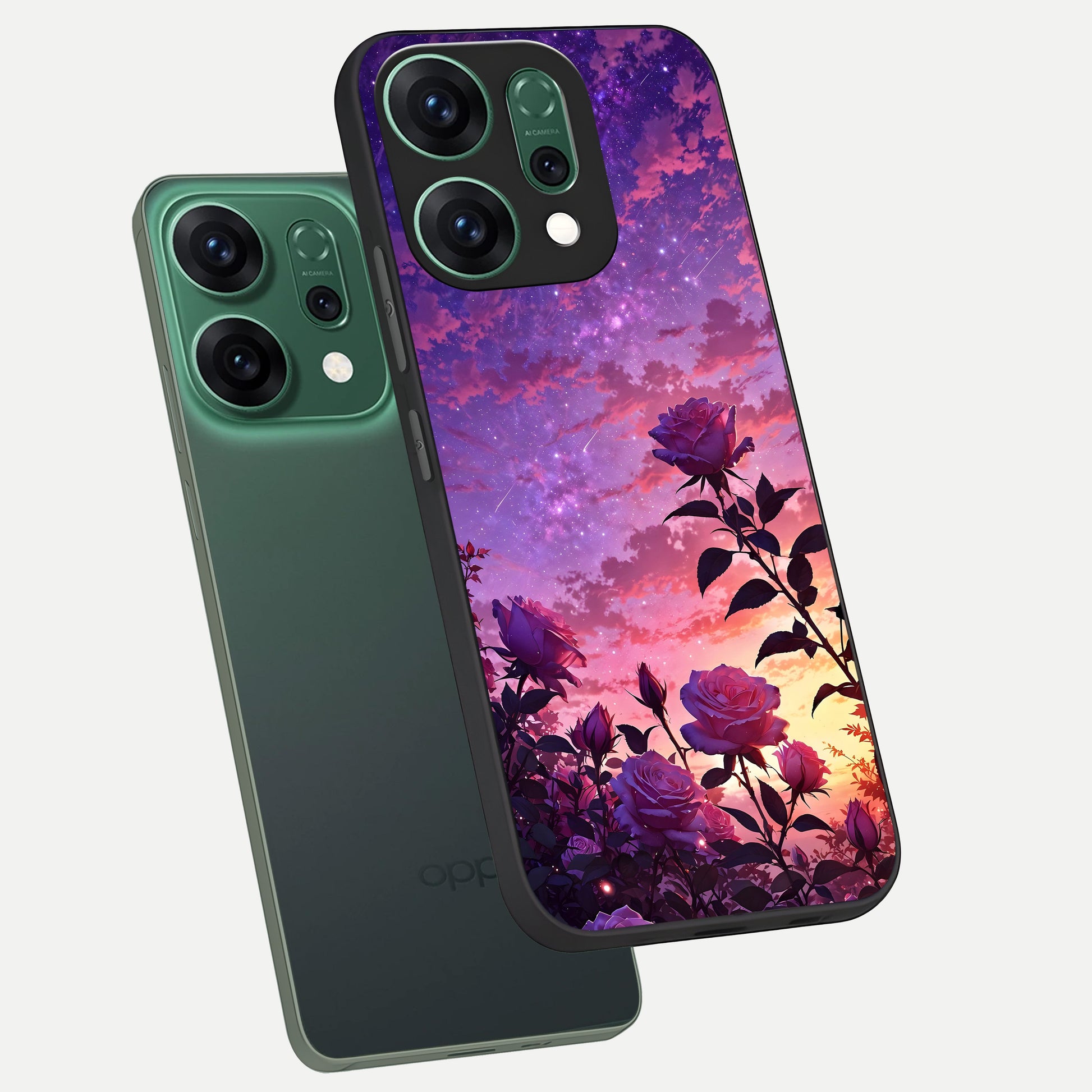  Starlit Rose Twilight phone case For Oppo Reno 14 showing premium glass back cover with detailed artwork