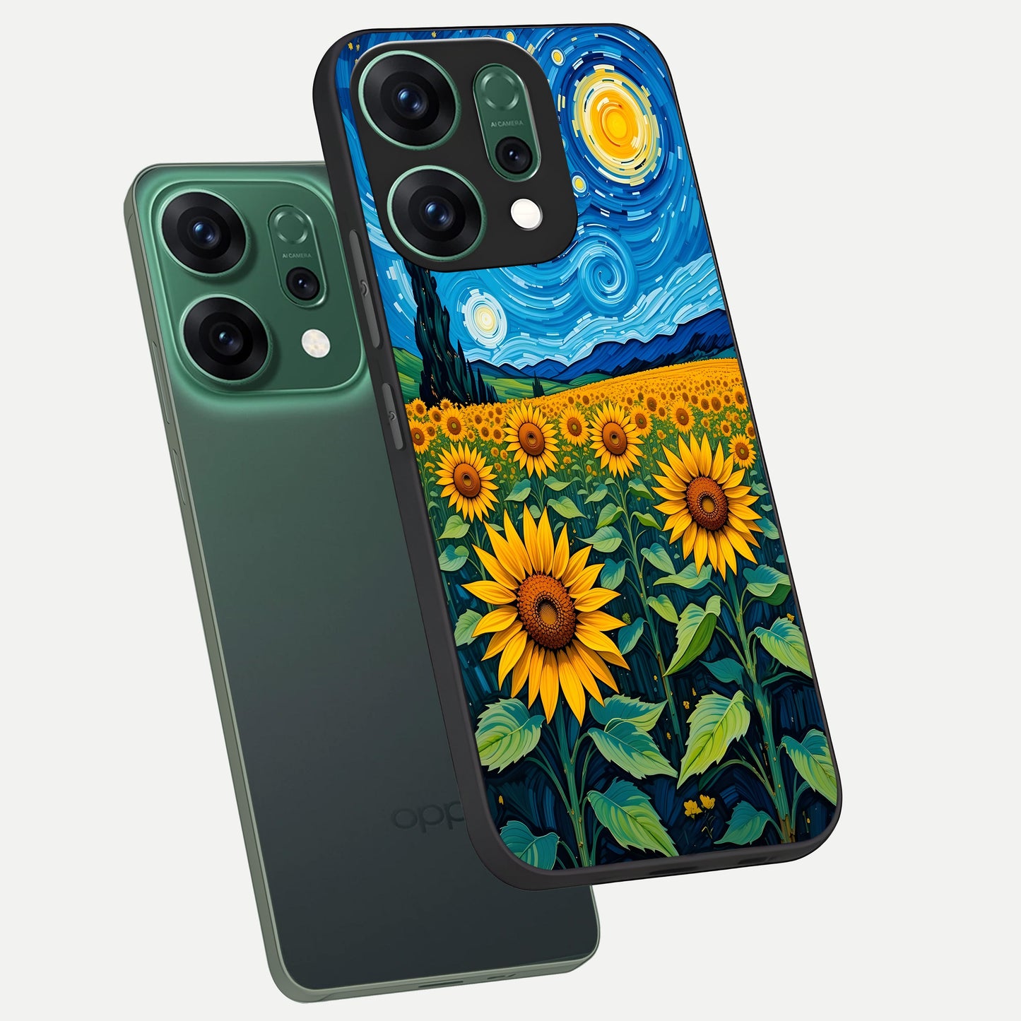  Starry Sunflower Dreams phone case For Oppo Reno 14 showing premium glass back cover with detailed artwork