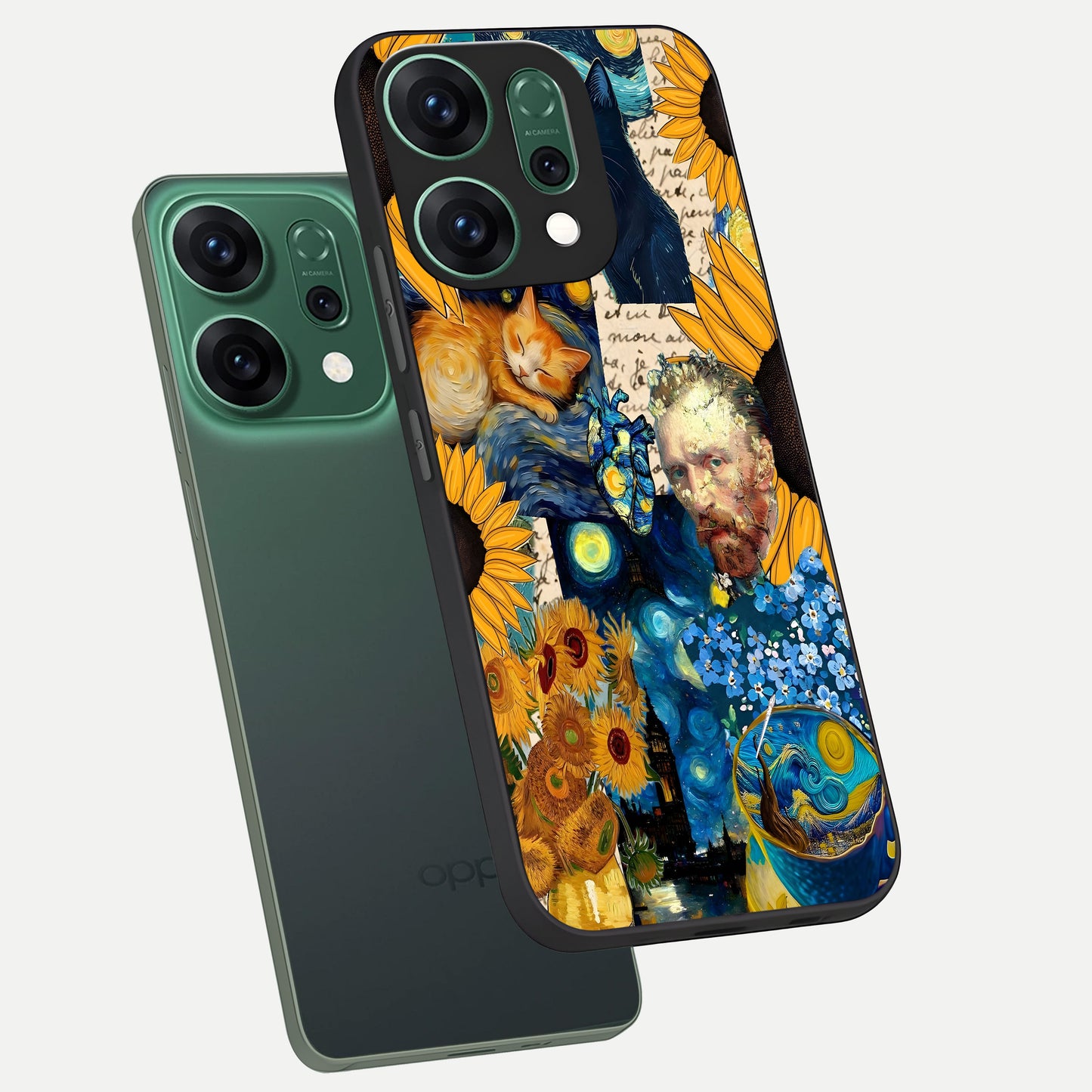  Sunflower Chic Mood Custom Name phone case For Oppo Reno 14 showing premium glass back cover with detailed artwork