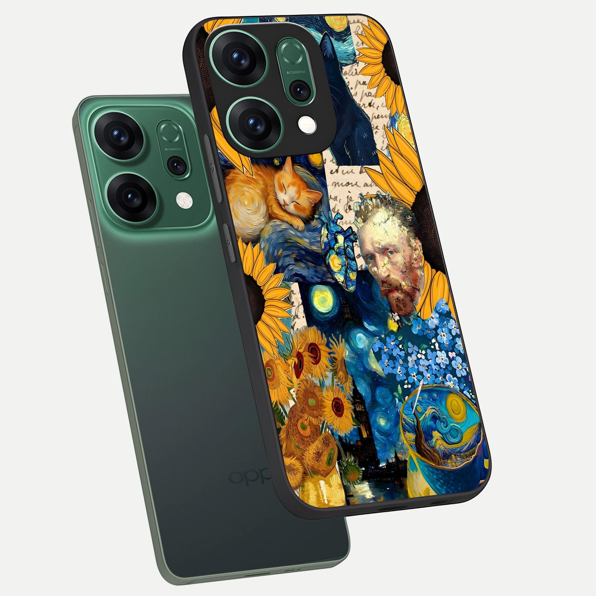 Sunflower Chic Mood Custom Name phone case For Oppo Reno 14 showing premium glass back cover with detailed artwork
