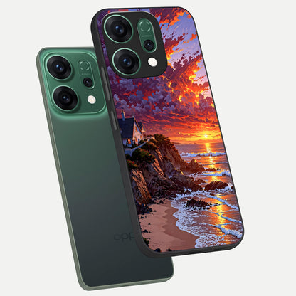  Sunset House By Sea phone case For Oppo Reno 14 showing premium glass back cover with detailed artwork