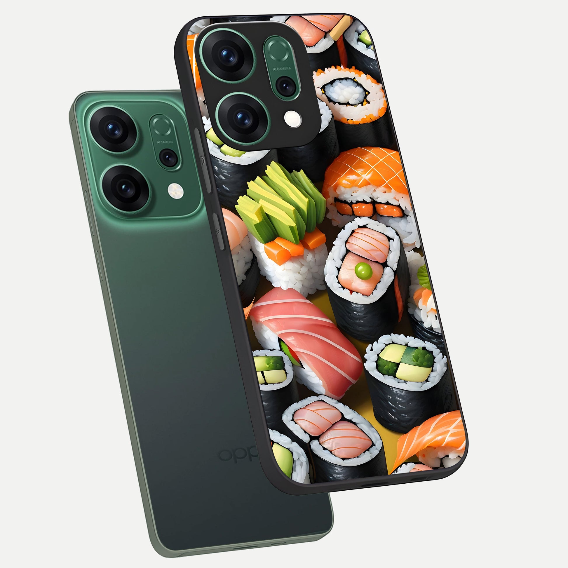  Sushi Food Pattern phone case For Oppo Reno 14 showing premium glass back cover with detailed artwork