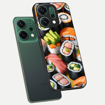  Sushi Food Pattern phone case For Oppo Reno 14 showing premium glass back cover with detailed artwork